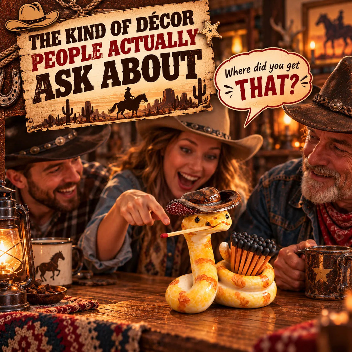 🤠 Funny Cowboy Rattlesnake Match Holder – Rustic Western Décor & Unique Gift