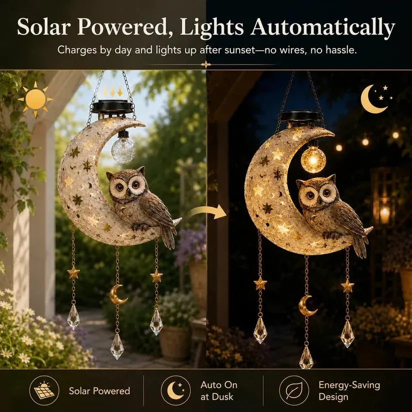 ✨🦉 Magical Moon Owl Solar Hanging Light
