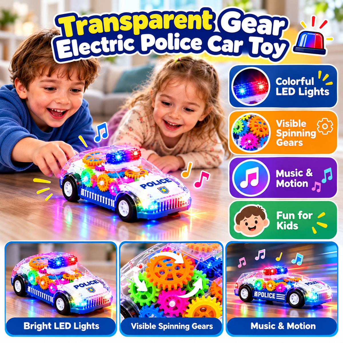 🚓 Light-Up Transparent Gear Police Car – Interactive Moving Gear Toy