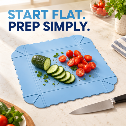Blue mat laid flat for vegetable preparation