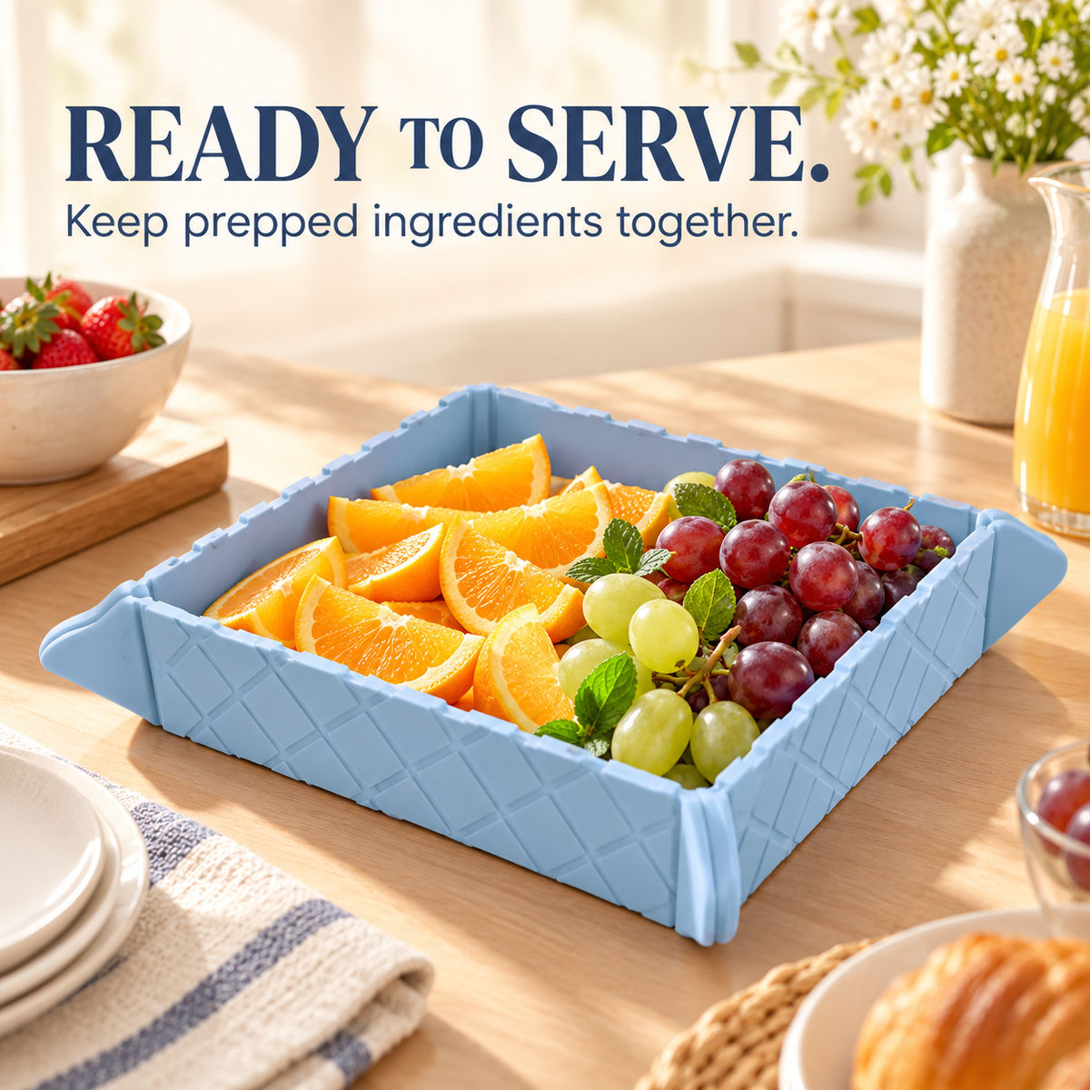 Blue raised-edge tray serving fruit