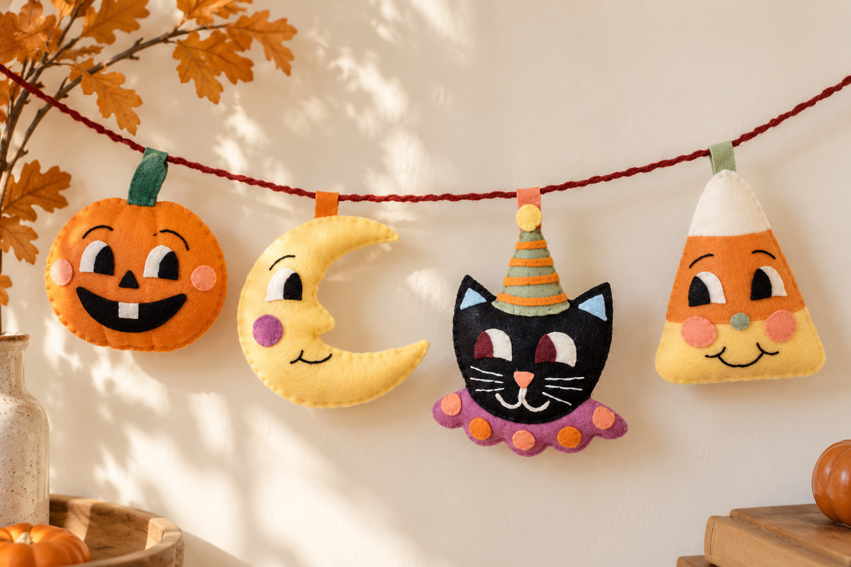 Handmade Halloween Felt Garland | Pumpkin, Moon, Cat & Candy Corn