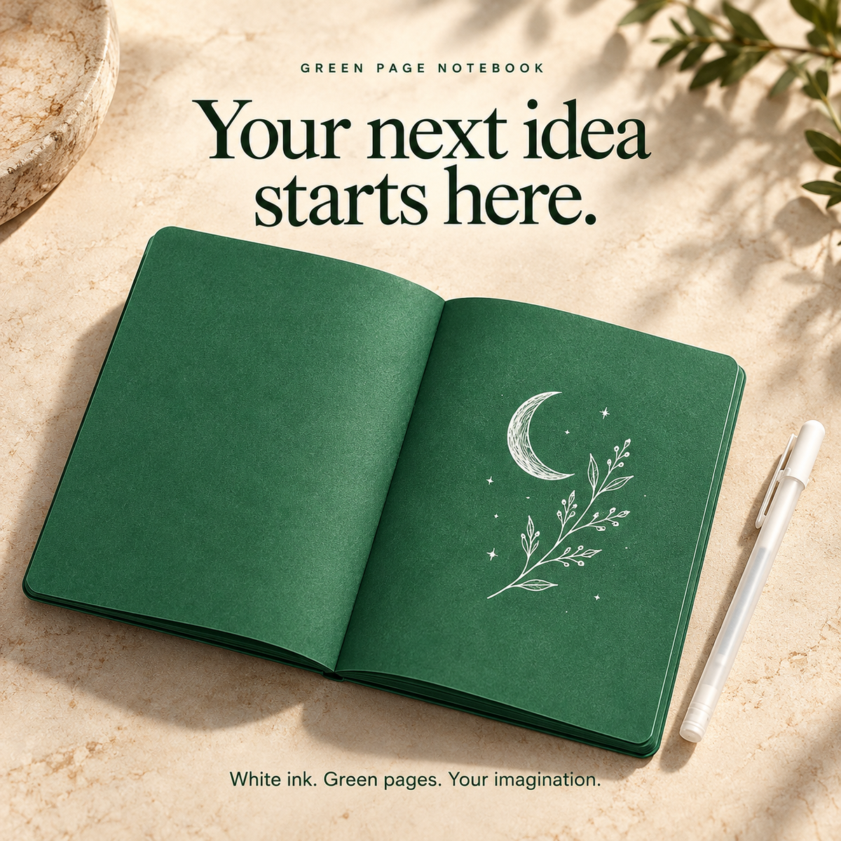 Green page notebook with example white ink artwork