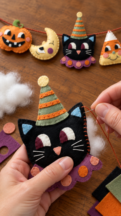 Handmade Halloween Felt Garland | Pumpkin, Moon, Cat & Candy Corn
