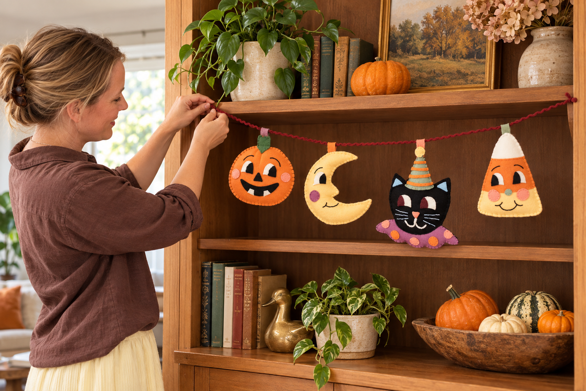 Handmade Halloween Felt Garland | Pumpkin, Moon, Cat & Candy Corn