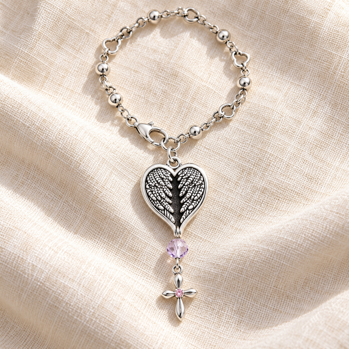 Angel Wings Heart & Cross Beaded Charm