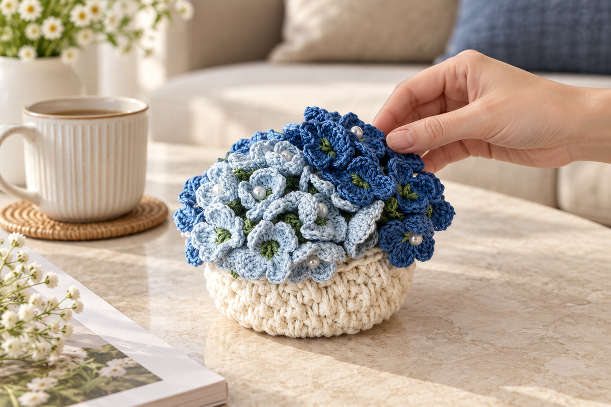 Blue Crochet Flower Coaster Bouquet & Basket Set