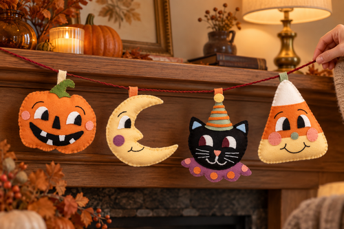 Handmade Halloween Felt Garland | Pumpkin, Moon, Cat & Candy Corn
