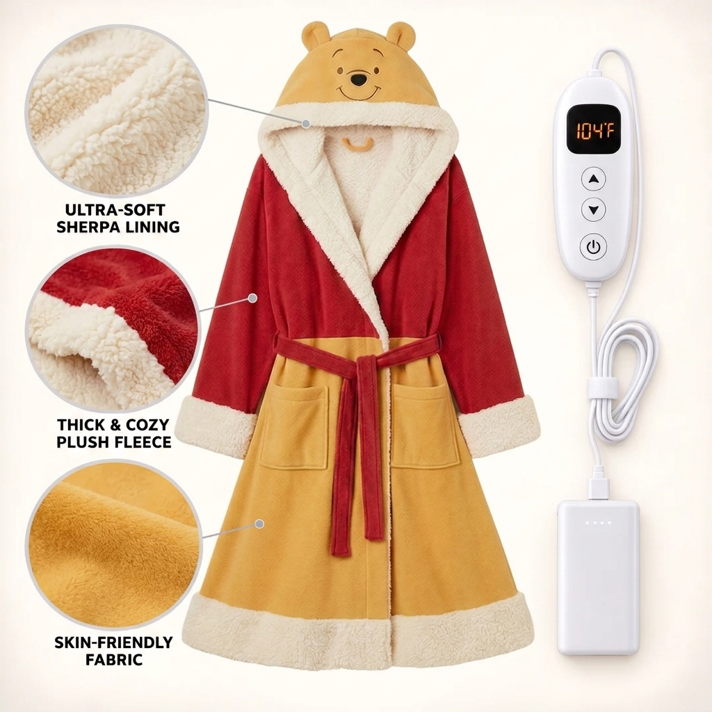 🔥 CozyHug™ Heated Sherpa Robe – USB-Powered Wearable Heated Blanket with 3 Heating Zones, Digital Temperature Control & Plush Hooded Design