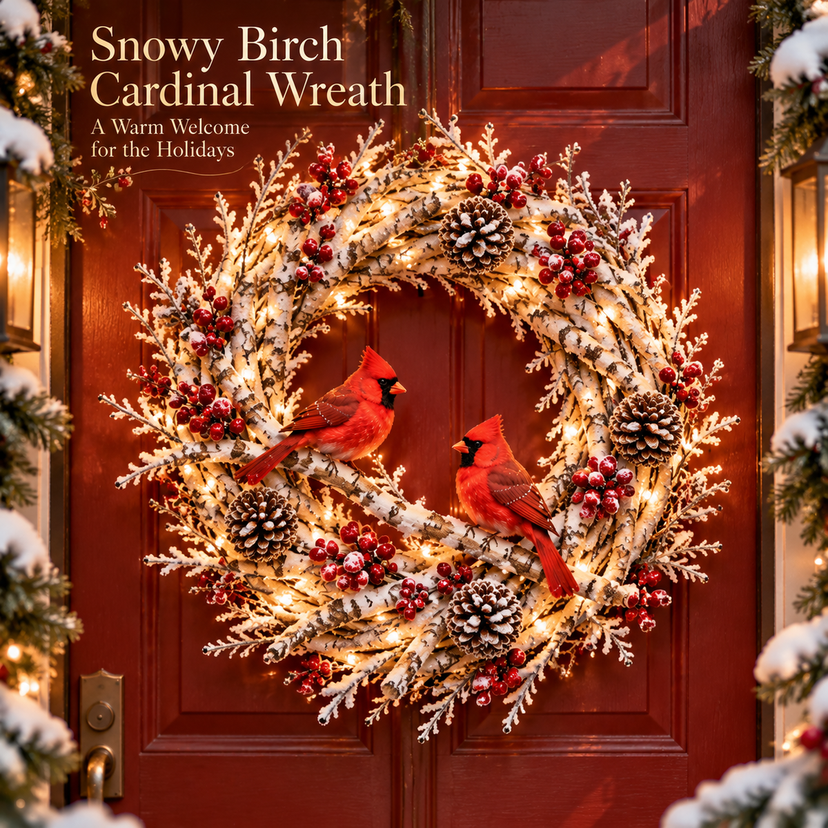 🔥 LAST DAY 49% OFF 🔥❤️ Official Snowy Birch Cardinal Wreath™ – Authentic Quality Lighted Christmas Door Wreath with Paired Red Cardinals, Berries & Pinecones ✨