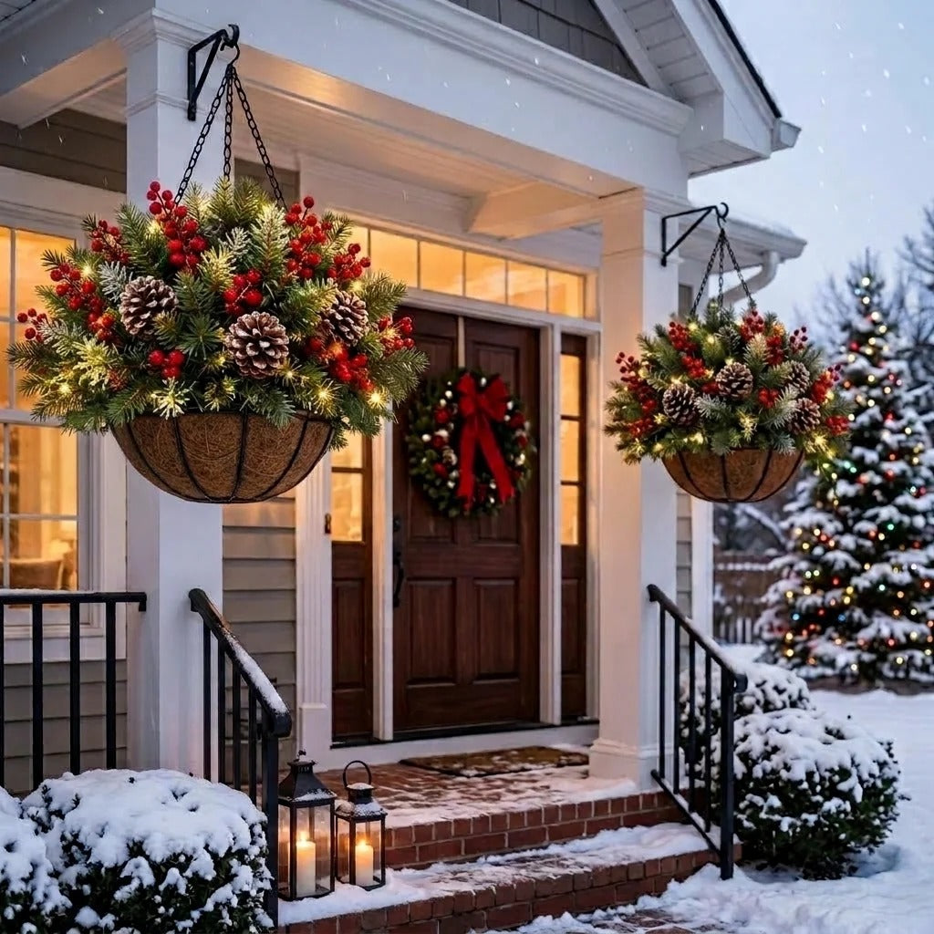 🎄  🏆 Pre-Lit Christmas Hanging Basket | Pre-lit, weather-resistant, and zero maintenance🏆