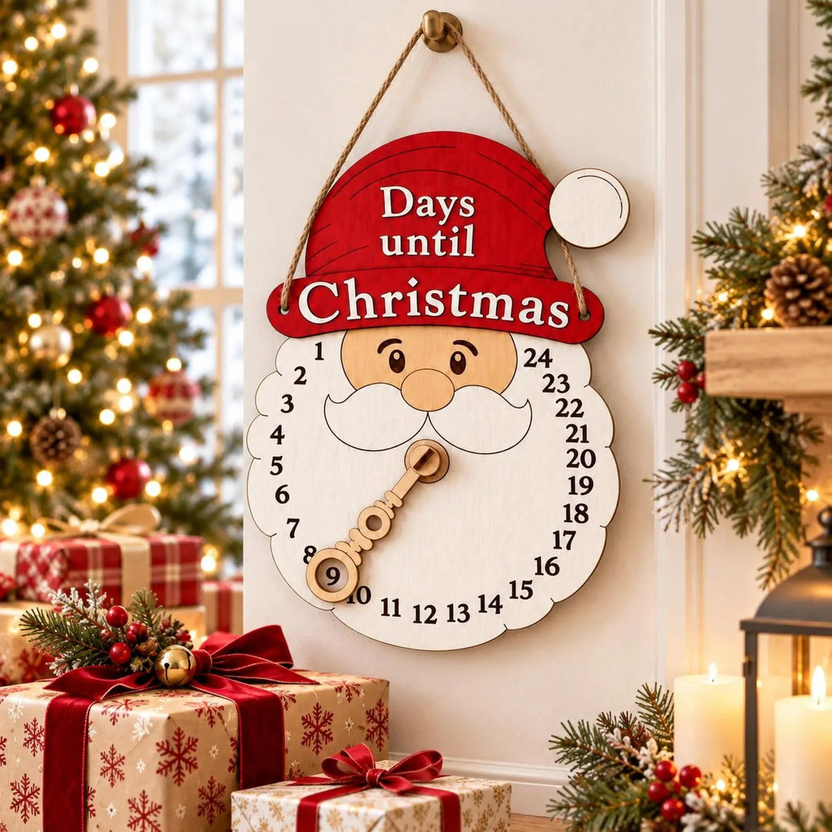 Wooden Santa Countdown Calendar, Farmhouse Christmas Wall Hanging (25cm)