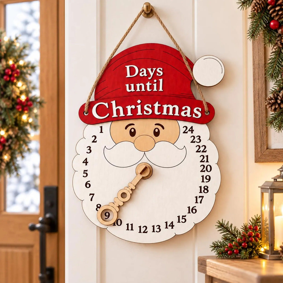 Wooden Santa Countdown Calendar, Farmhouse Christmas Wall Hanging (25cm)