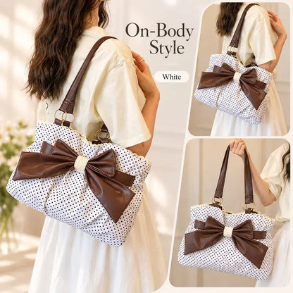 👜 Vintage Polka Dot Canvas Tote Bag for Women, Oversized Bow Shoulder Bag with Lace Trim