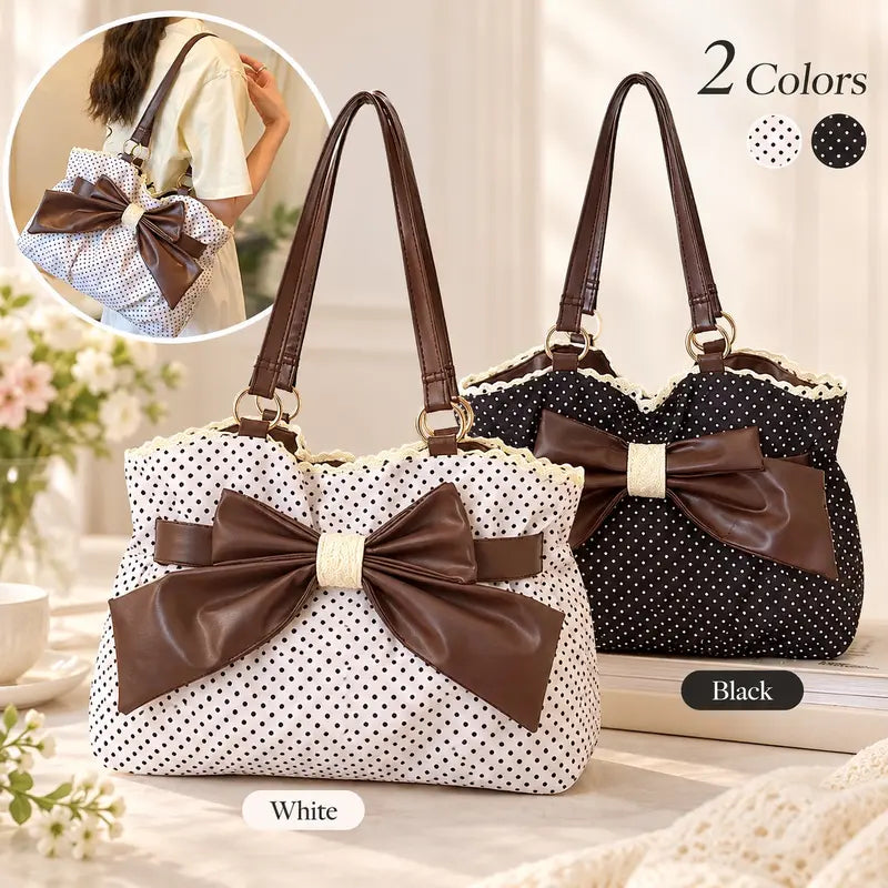 👜 Vintage Polka Dot Canvas Tote Bag for Women, Oversized Bow Shoulder Bag with Lace Trim