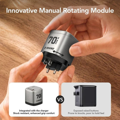 🔥Global Travel Charger (70W, 3-Port, GaN, Integrated Rotary Plug)