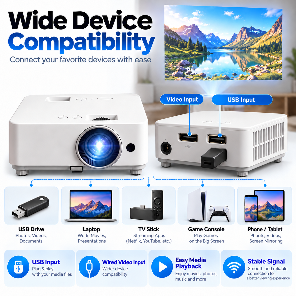 🎬 Portable Mini Projector 📽️ – 100' Big Screen, HD & USB, Remote Control Included