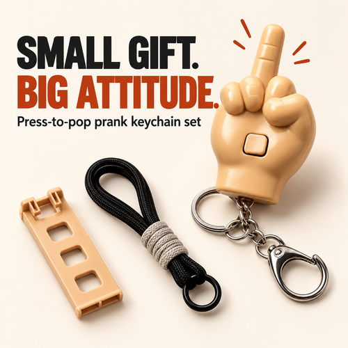 Press-to-pop middle finger keychain with phone stand attachment and lanyard