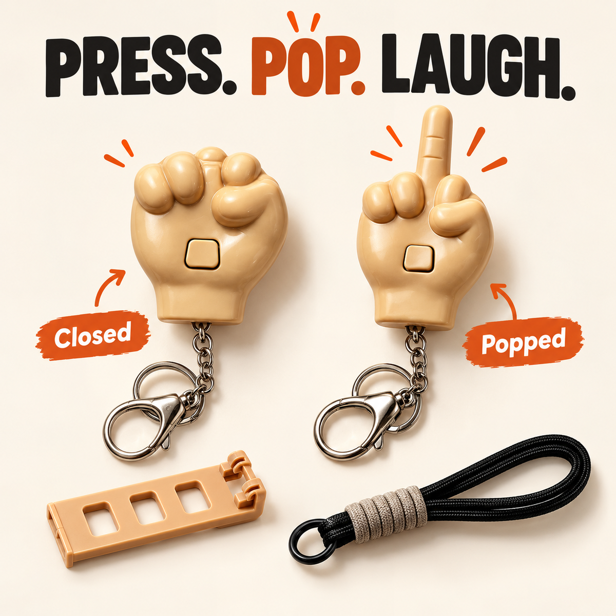 Closed and popped positions of one press-button prank keychain