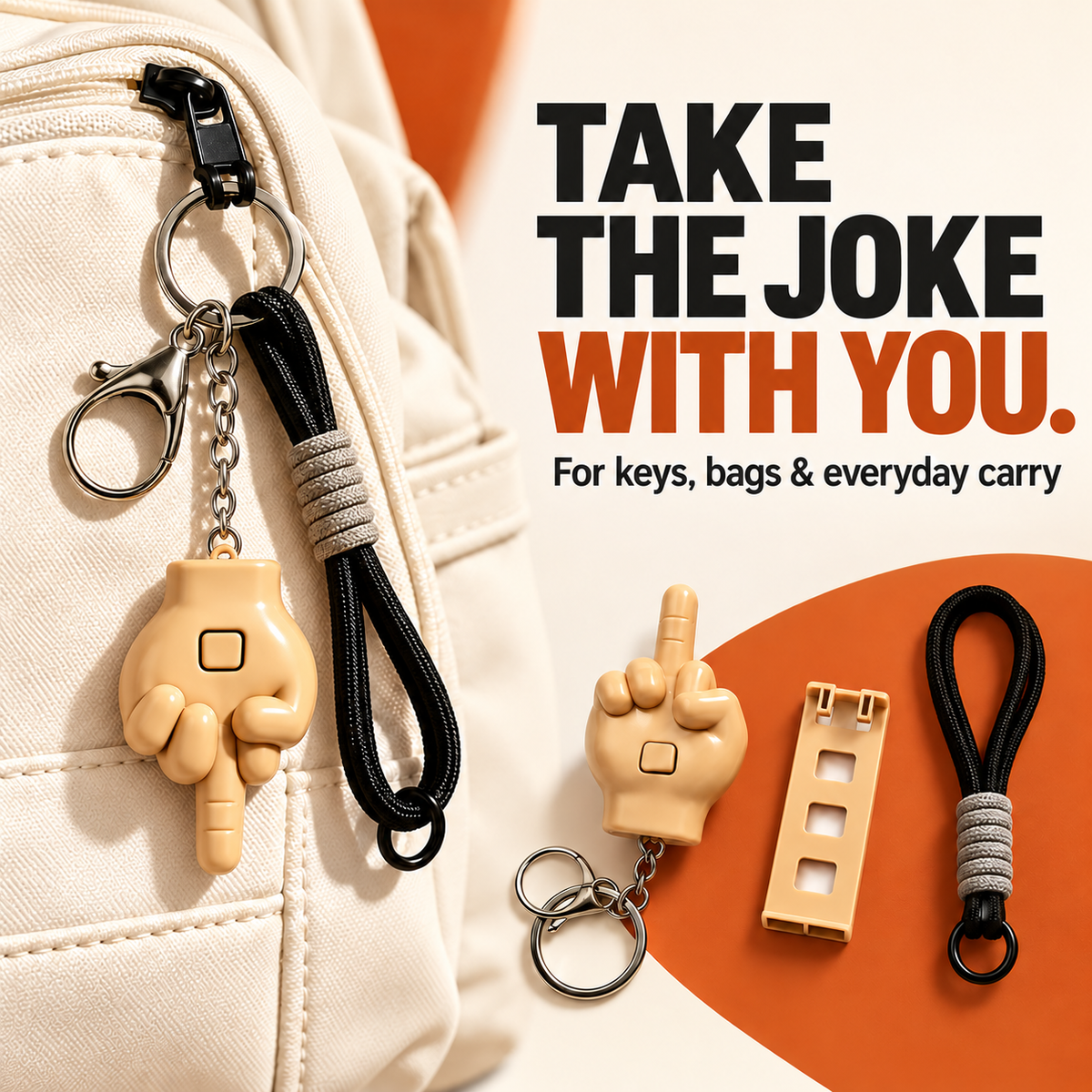 Prank keychain hanging from a backpack with the chain attached at the wrist