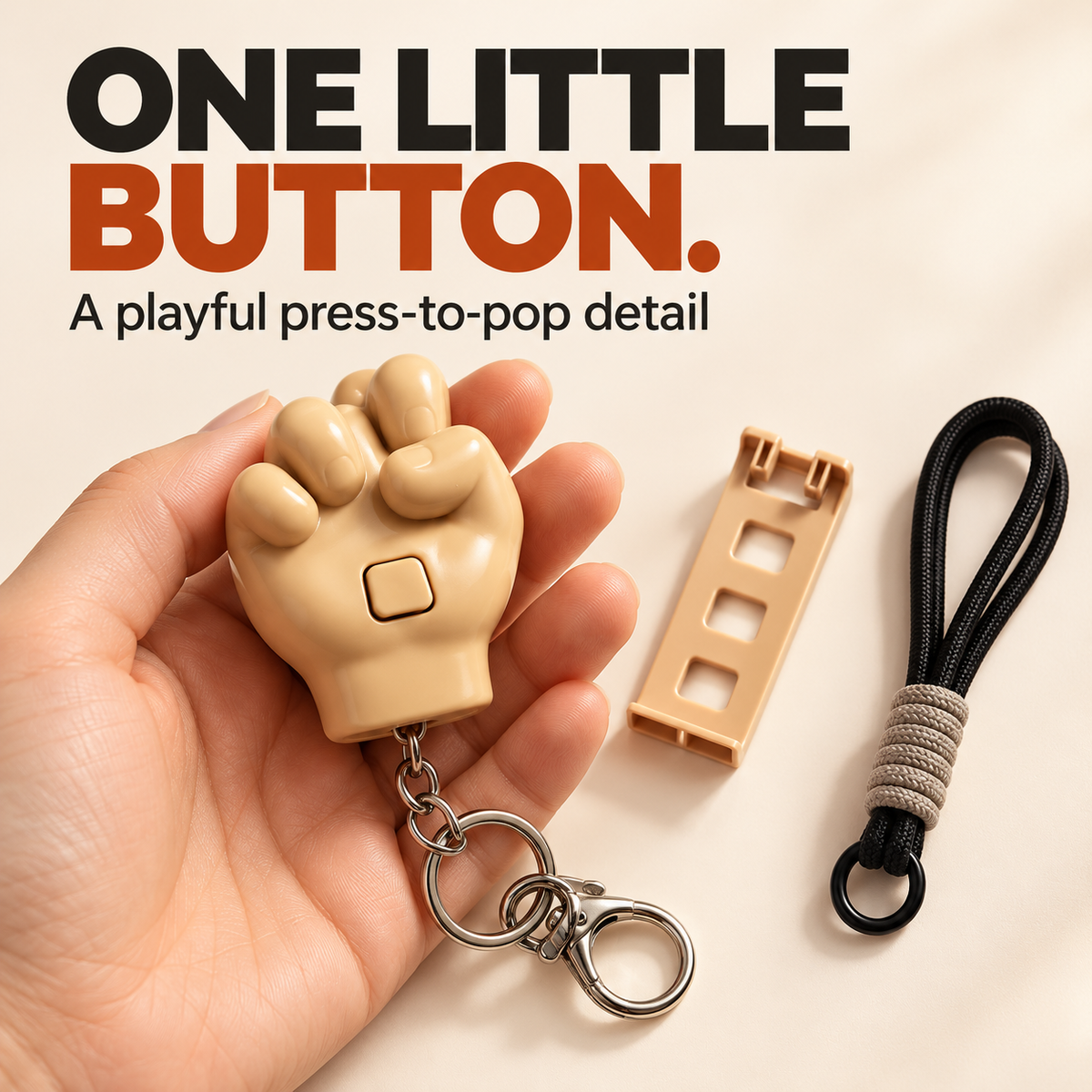 Square push button on beige plastic novelty keychain