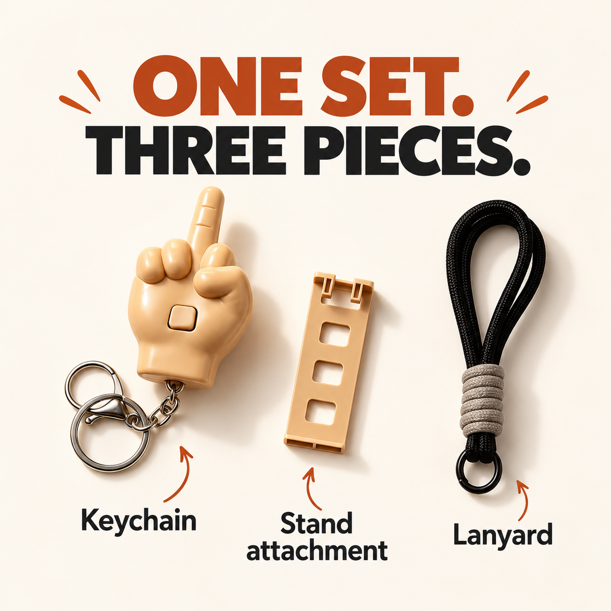 One set includes one keychain, one phone stand attachment and one lanyard