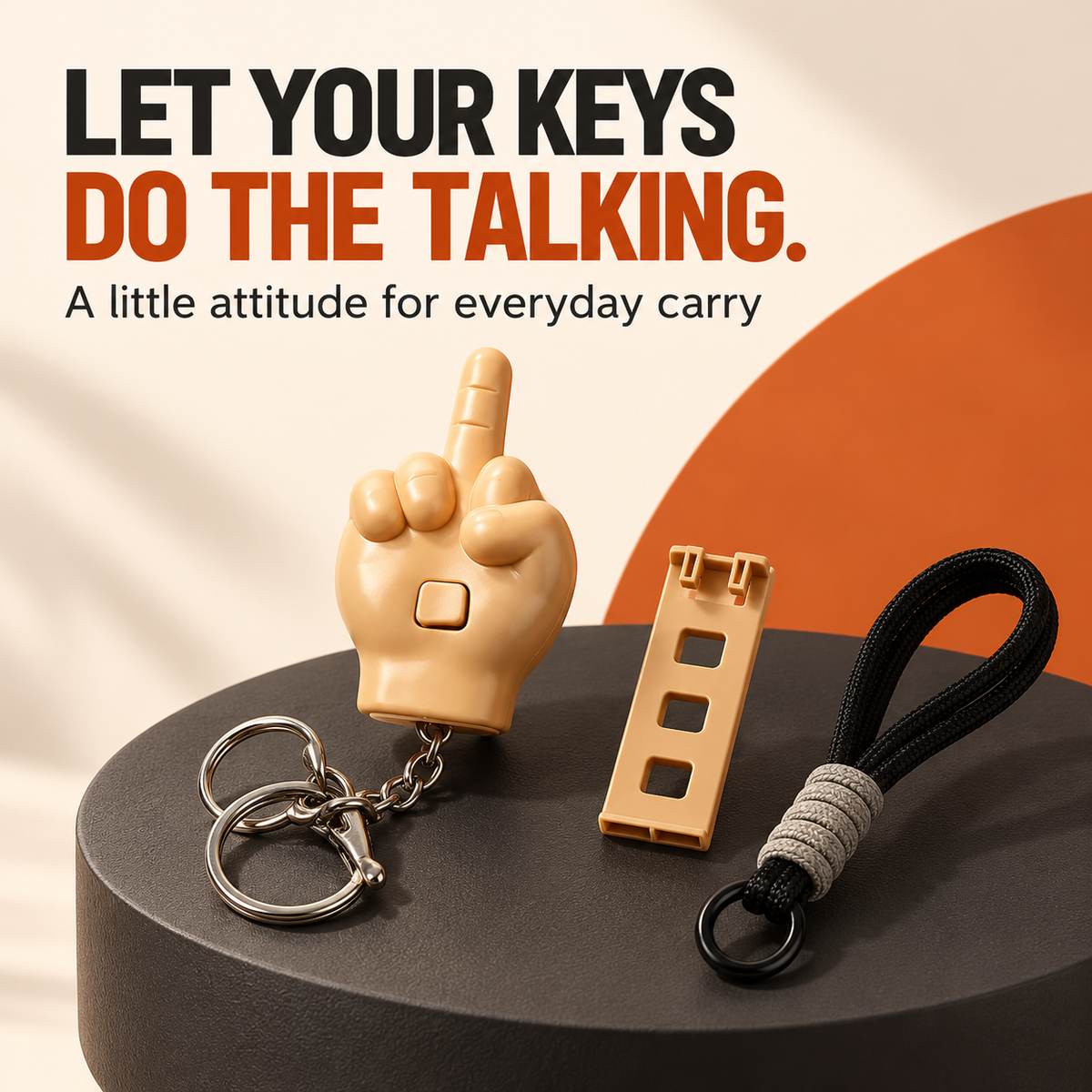 Beige novelty keychain set on a charcoal display