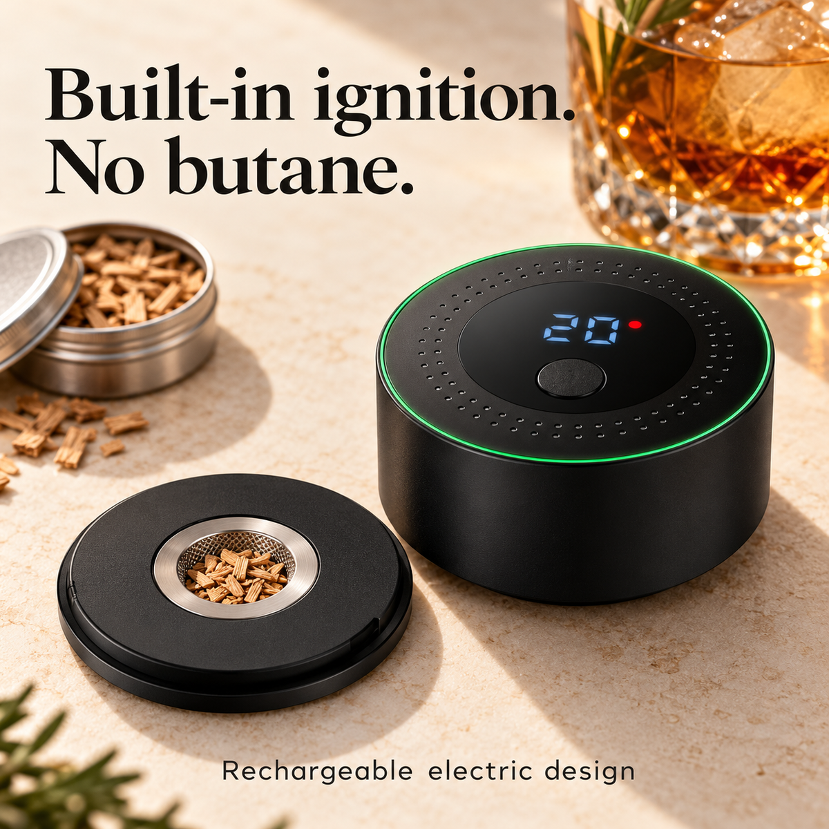 Electric smoker head and removable wood-chip bowl, showing the built-in ignition design.