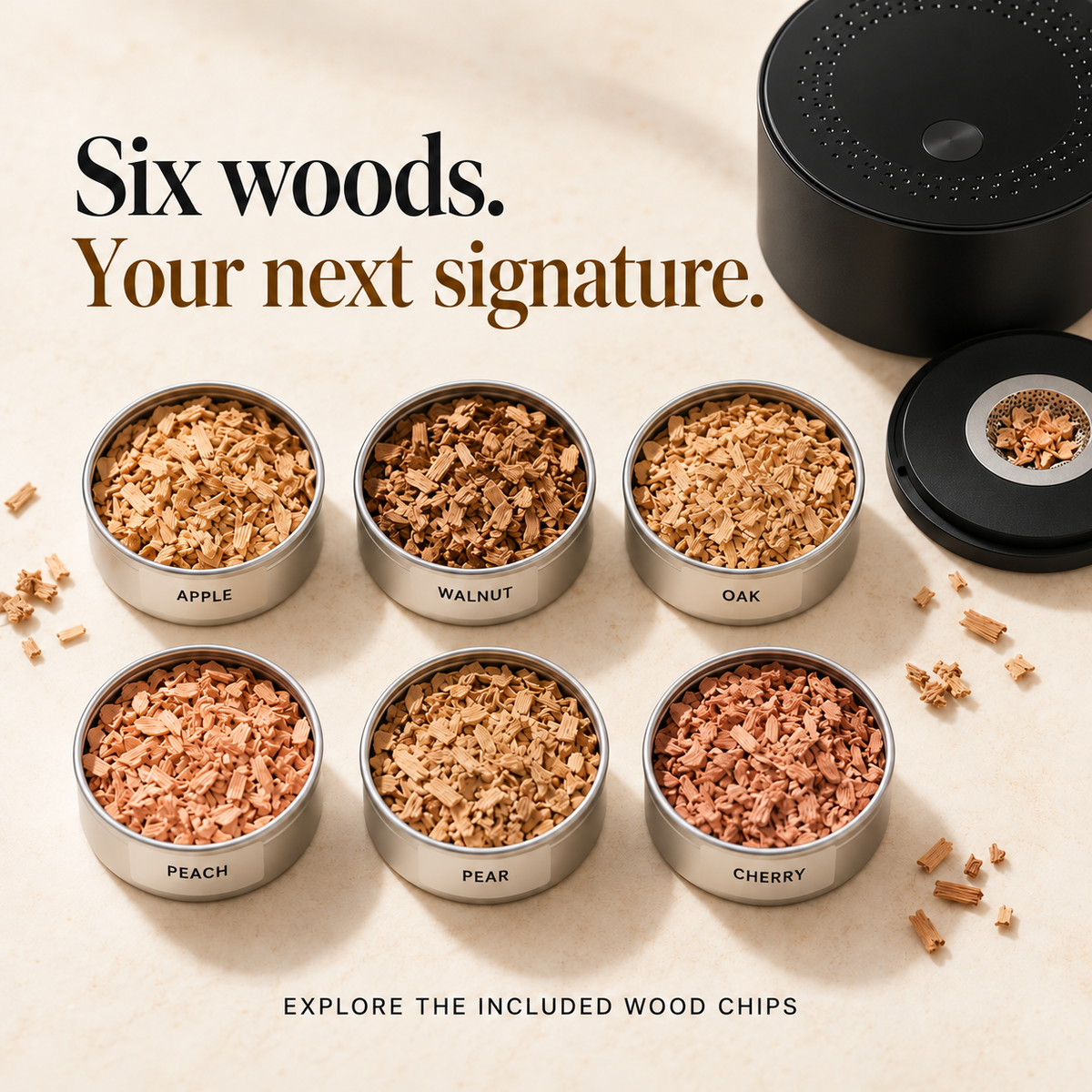 Six included wood-chip choices: apple, walnut, oak, peach, pear and cherry.