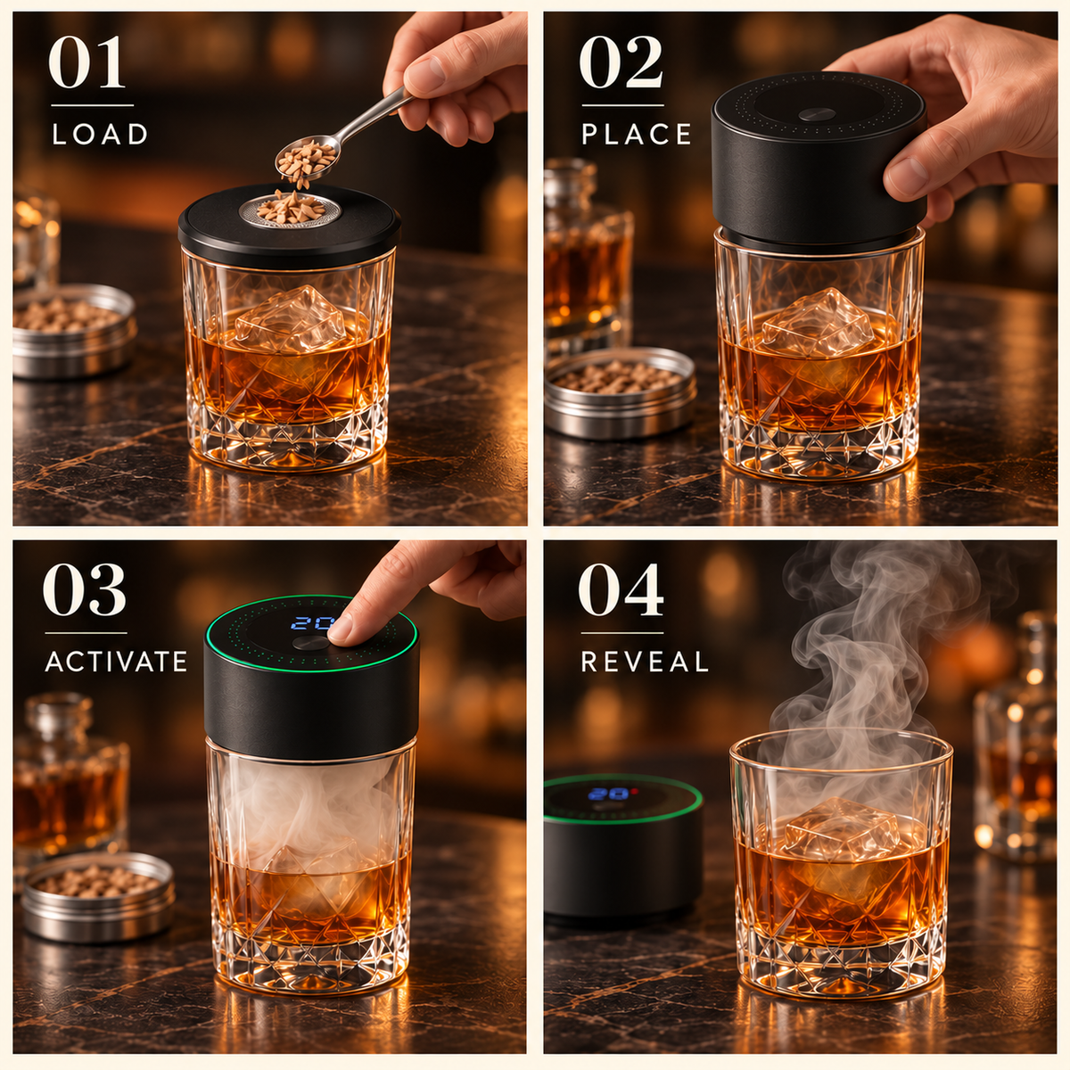 Four illustrated use stages: load wood chips, place the smoker, activate and reveal.