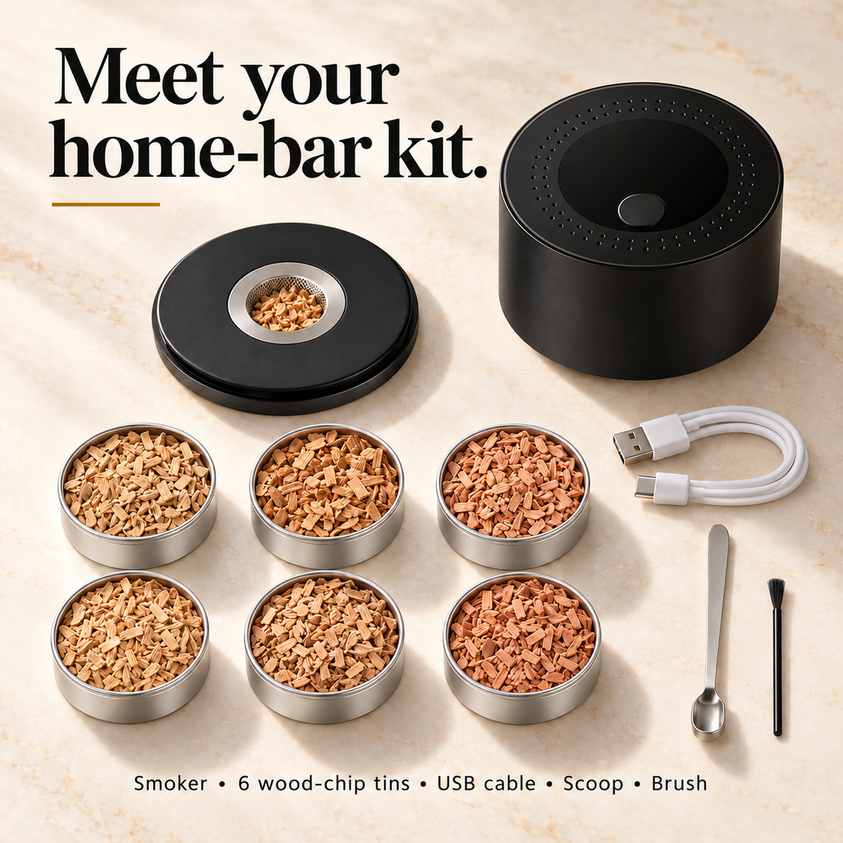 Kit contents: electric smoker, six wood-chip tins, USB cable, scoop and cleaning brush.
