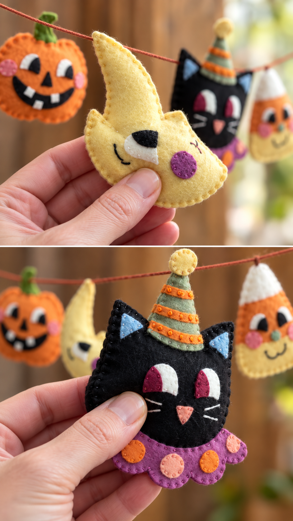 Handmade Halloween Felt Garland | Pumpkin, Moon, Cat & Candy Corn