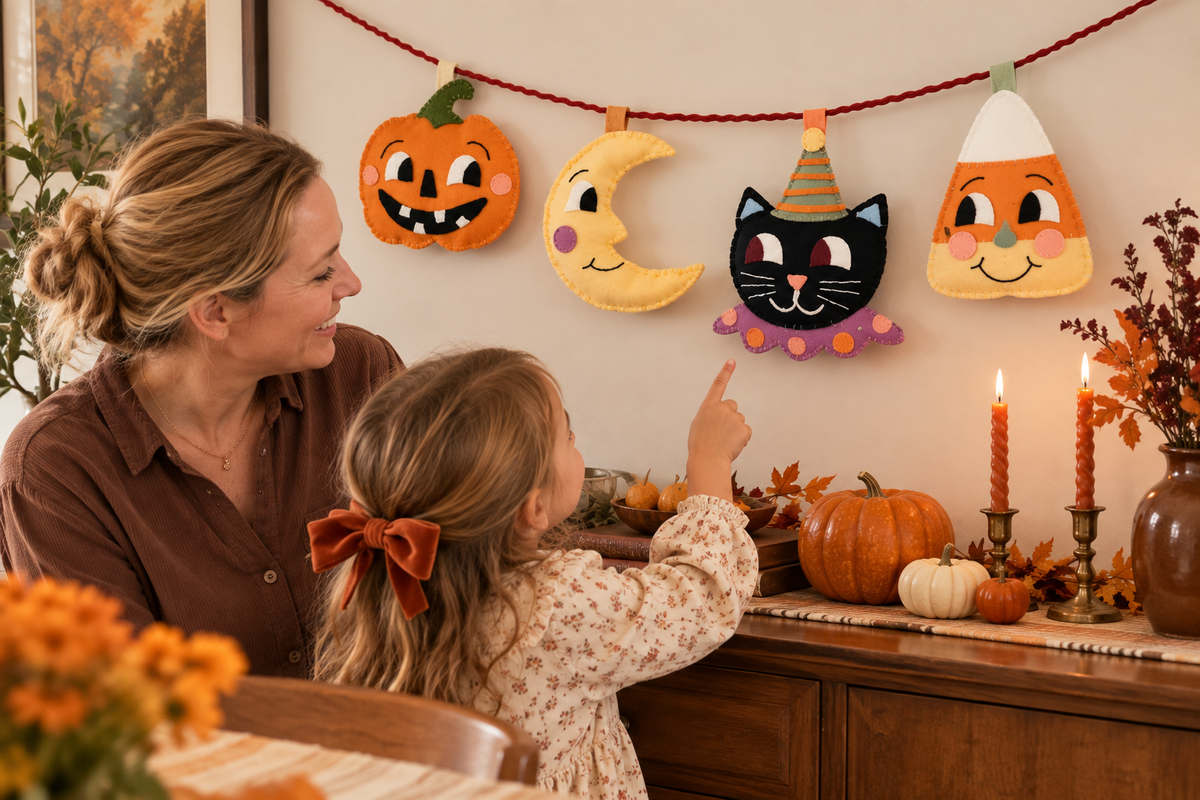 Handmade Halloween Felt Garland | Pumpkin, Moon, Cat & Candy Corn