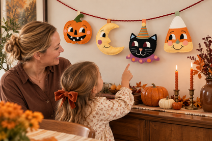 Handmade Halloween Felt Garland | Pumpkin, Moon, Cat & Candy Corn