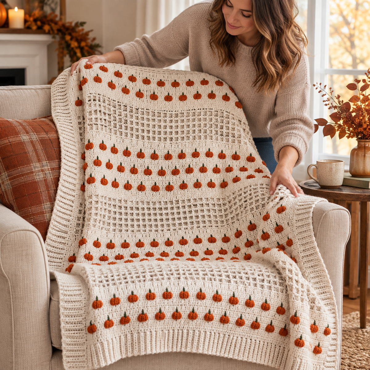 🎃Handmade Pumpkin Waffle Crochet Throw Blanket | Cozy Fall Home Decor