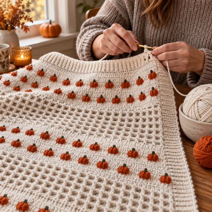 🎃Handmade Pumpkin Waffle Crochet Throw Blanket | Cozy Fall Home Decor