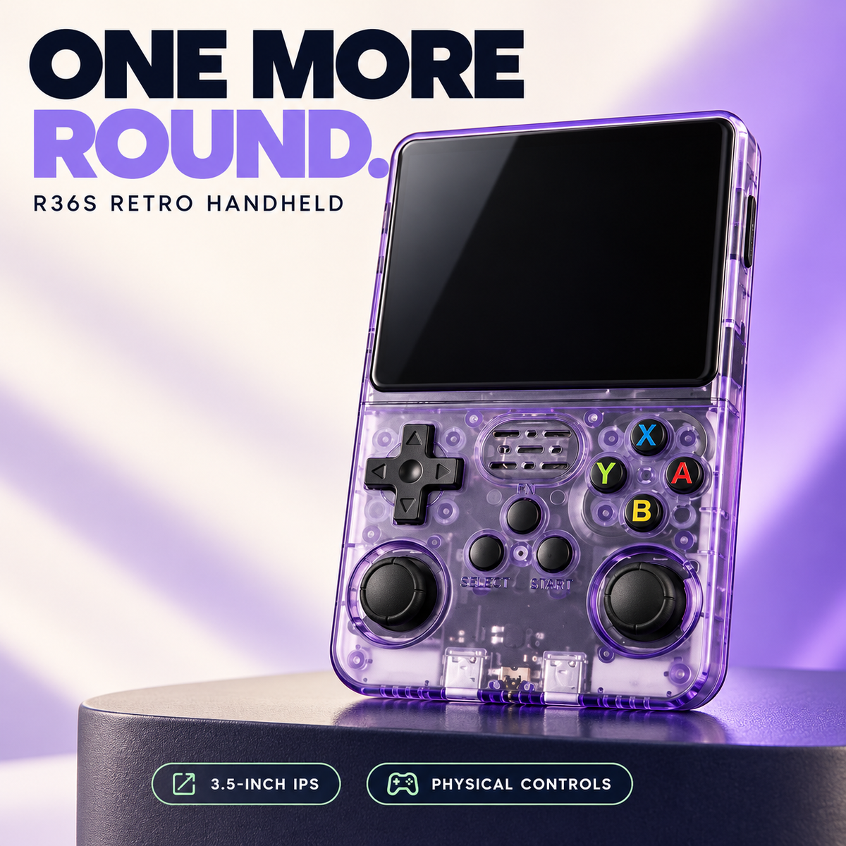 Transparent purple R36S handheld console with 3.5-inch screen and dual analog sticks