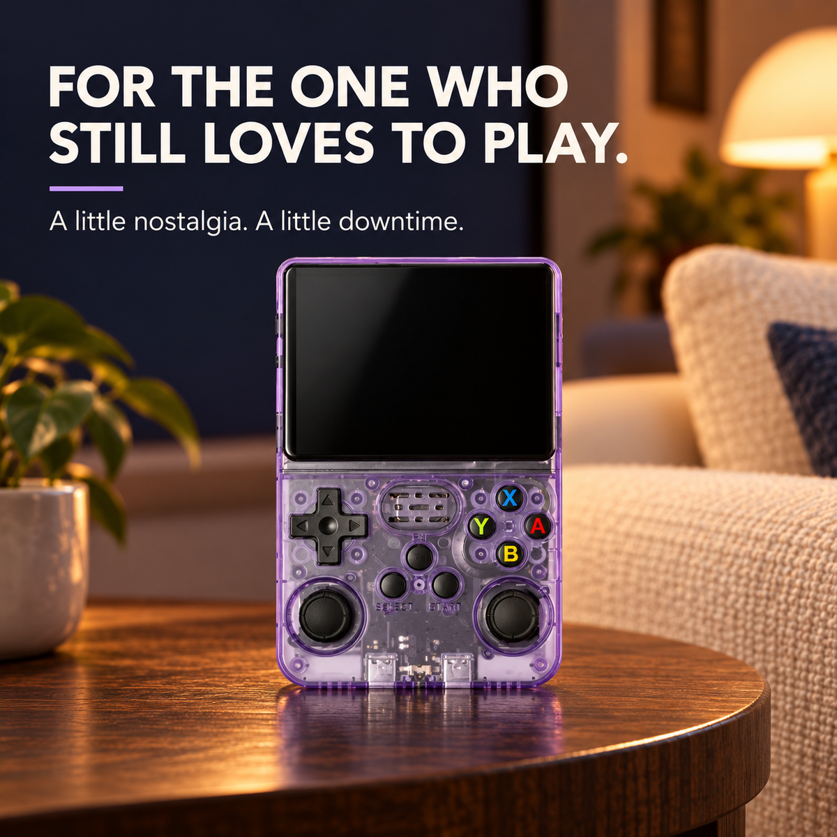 Transparent purple R36S on a table in a cozy living room