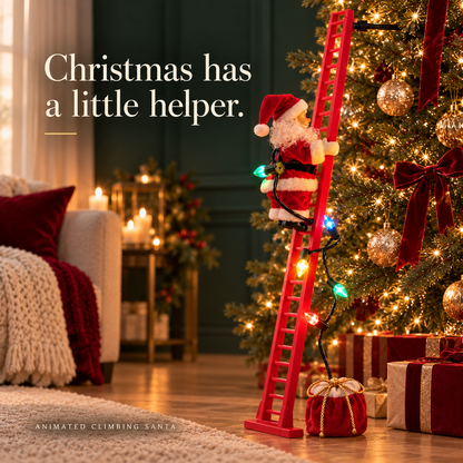 Animated climbing Santa beside a Christmas tree — Christmas has a little helper
