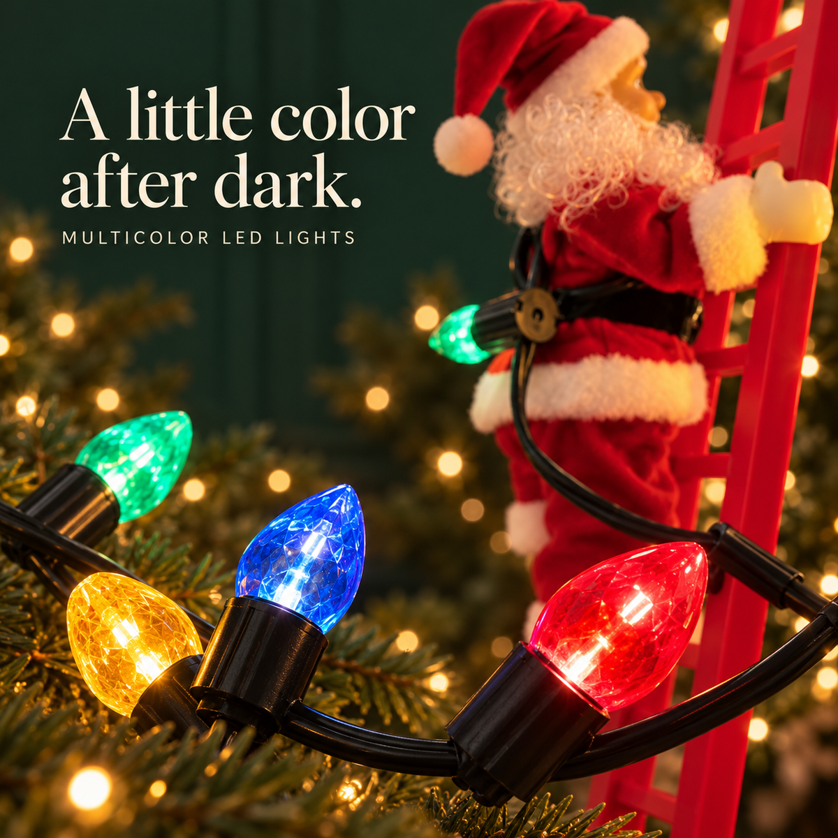 Close-up of the multicolor LED bulbs carried by Santa