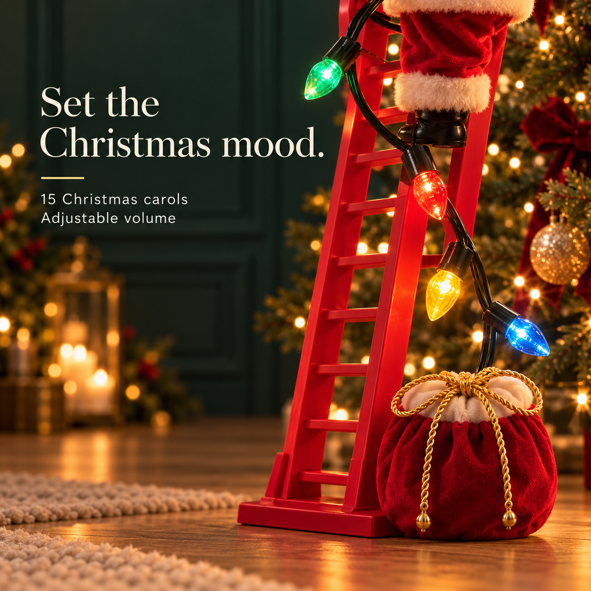 Red music bag at the ladder base with 15 Christmas carols and adjustable volume