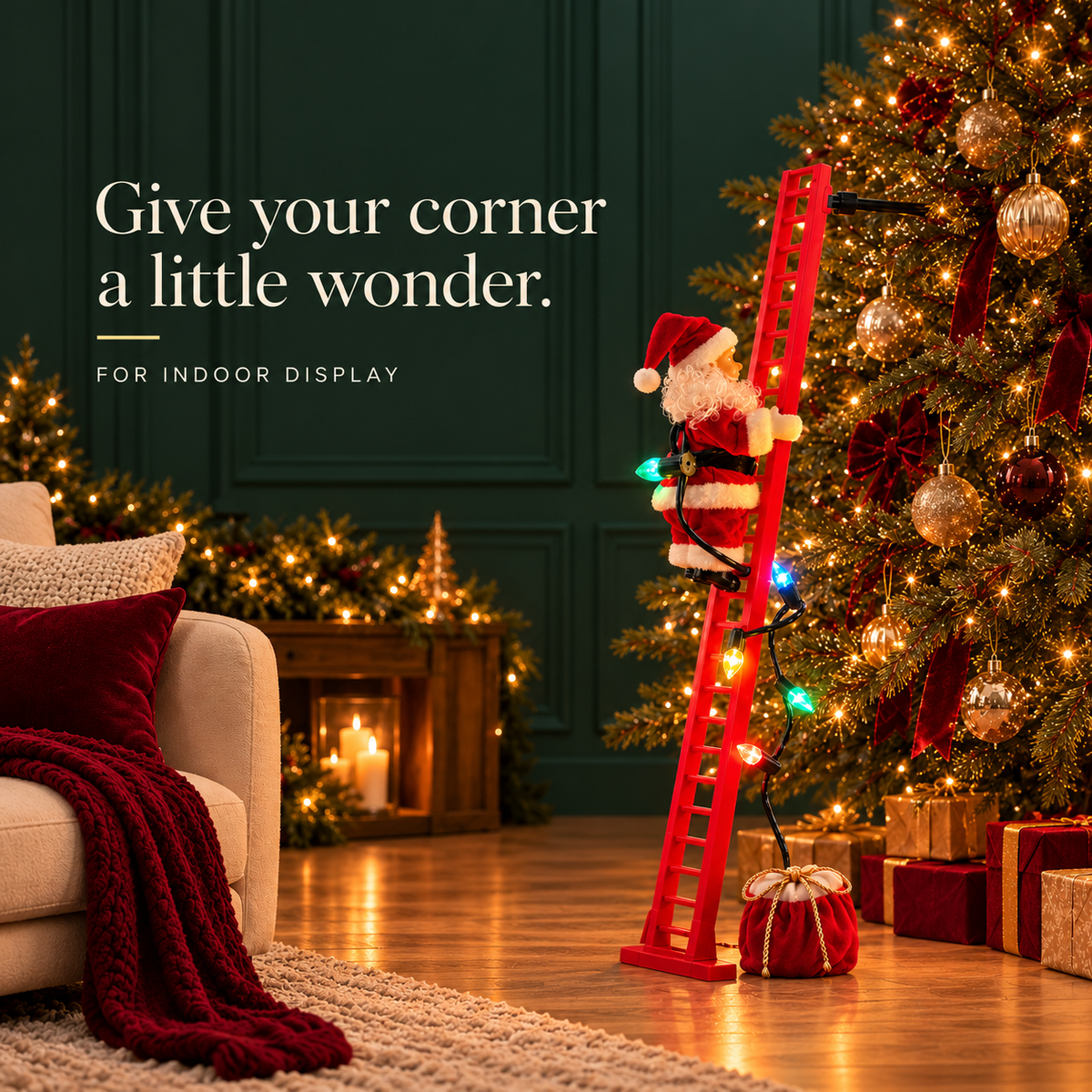 Climbing Santa displayed beside a Christmas tree in a cozy indoor living room