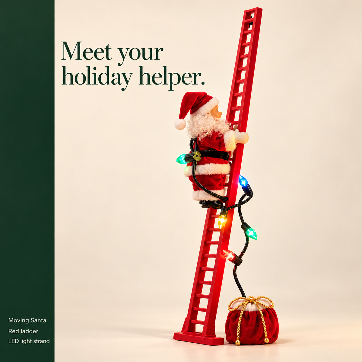 Complete climbing Santa, red ladder, multicolor light strand and music bag on an ivory background