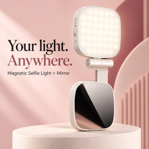 White foldable magnetic selfie light with illuminated panel and mirror