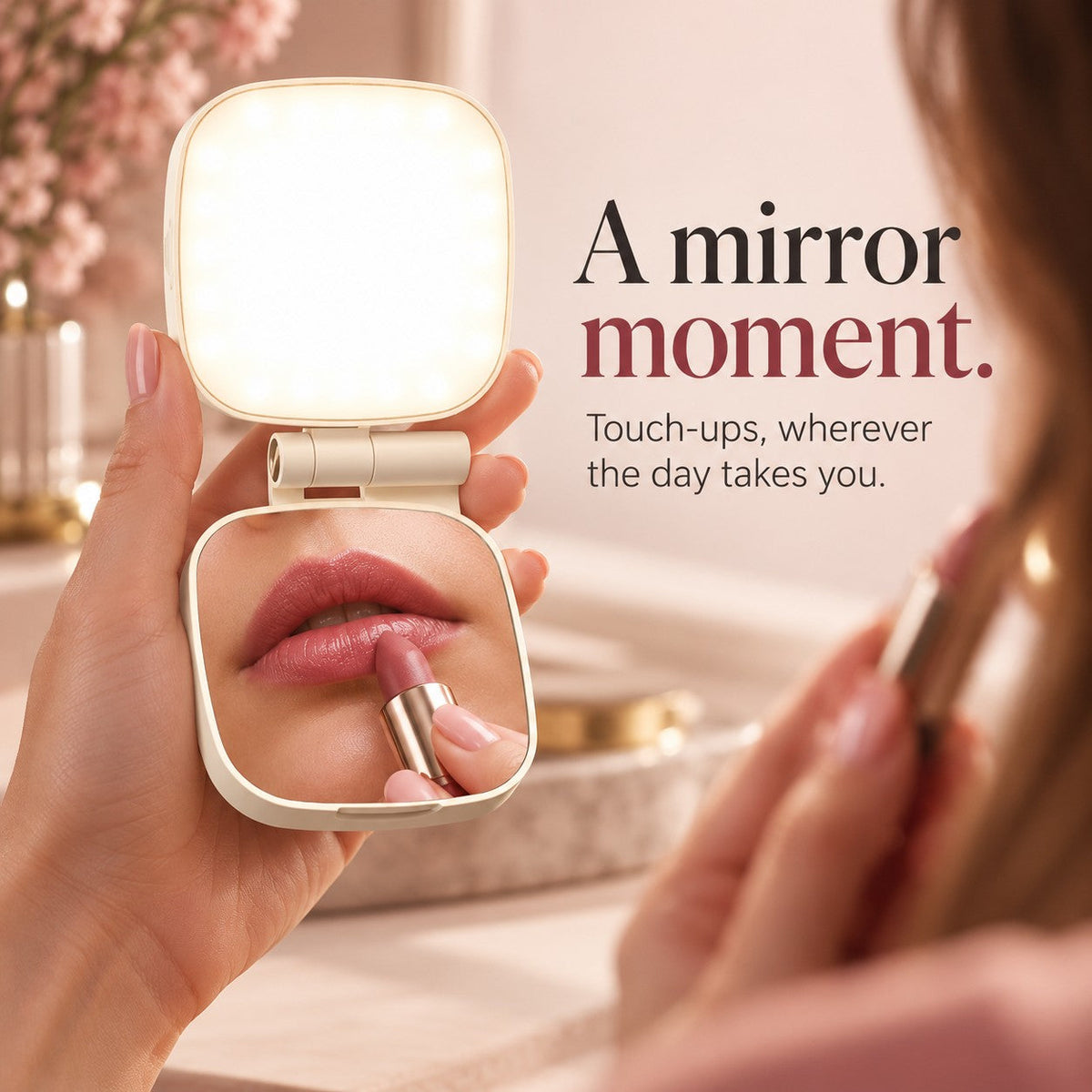 Built-in mirror used for a lipstick touch-up