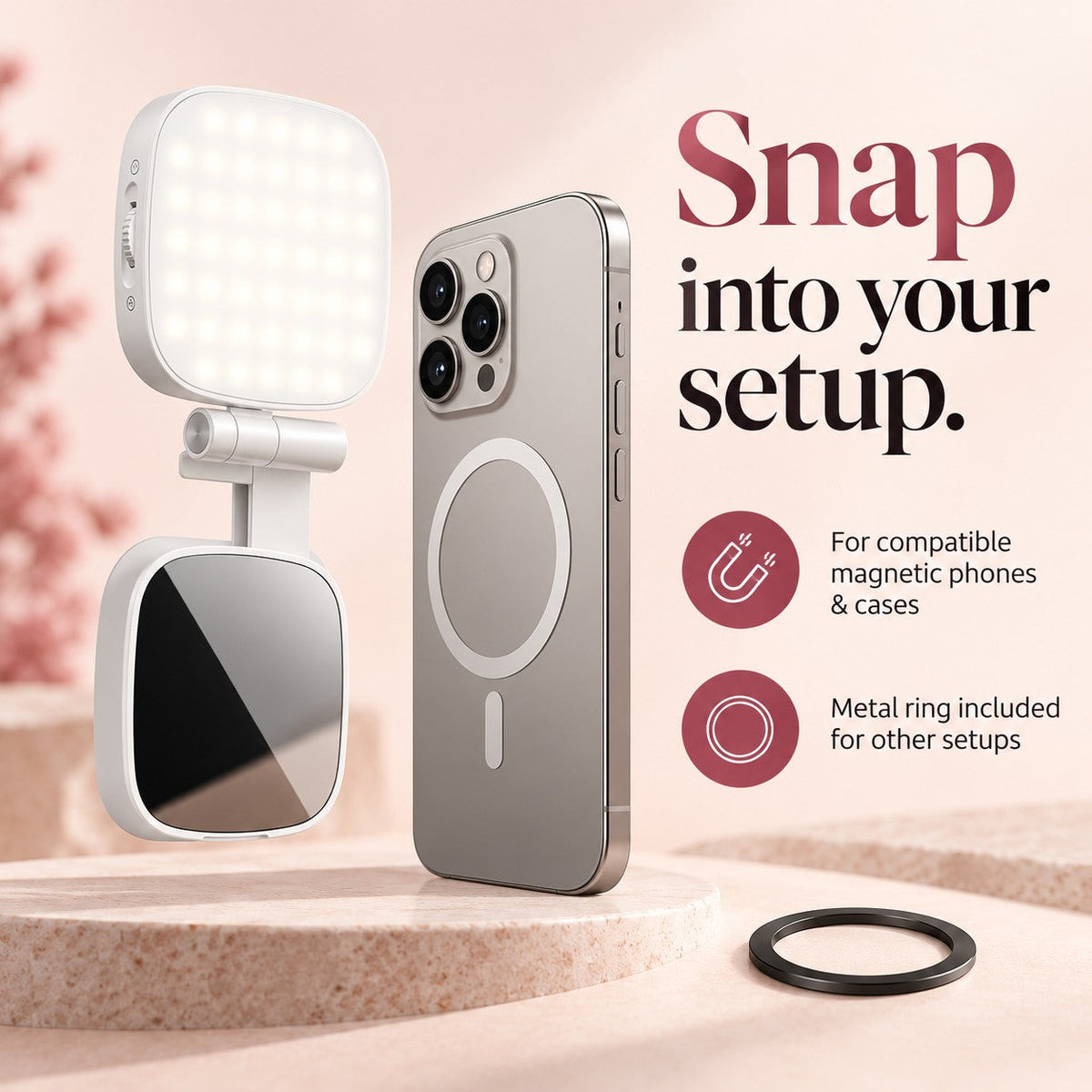 Magnetic light with a compatible phone and included metal ring