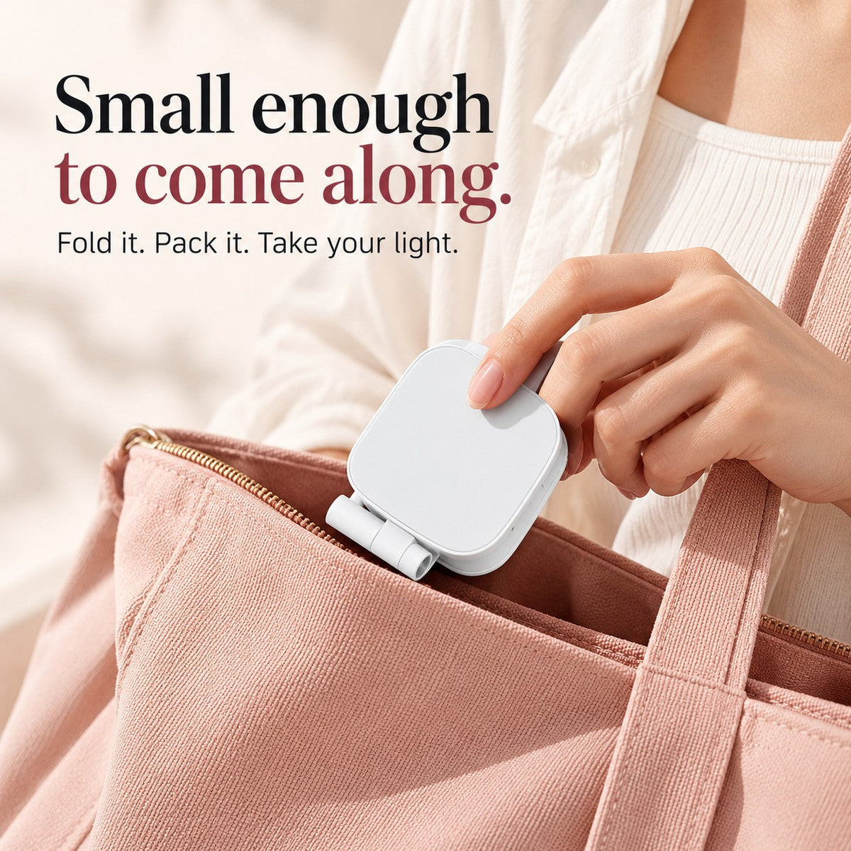 Compact folded light being placed into a bag