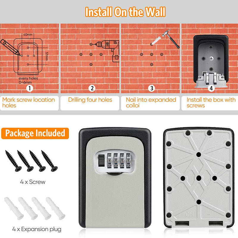 Wall Mount Key Lock Box - 4 Digit Combination Lockbox for Keys Safe Security Storage Resettable Code Lockbox for Outdoor Home Office Garage