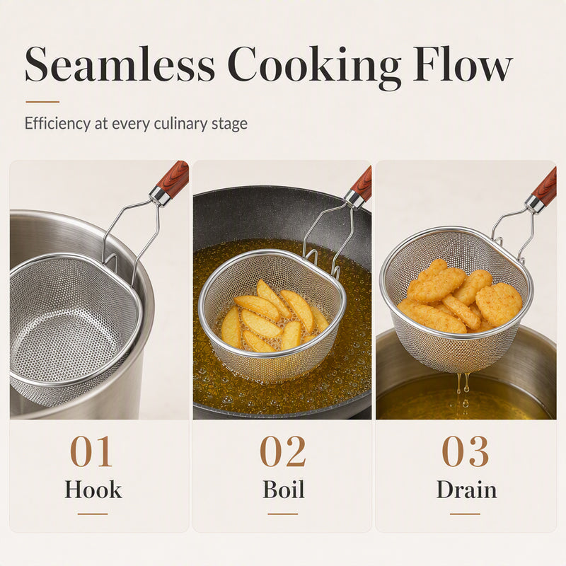 💧 Stainless Steel Sieve with Handle – Fine Mesh, Durable 304 Steel & Easy-Grip Ergonomic Handle – Strain Pasta, Fruits & Veggies Effortlessly ✨