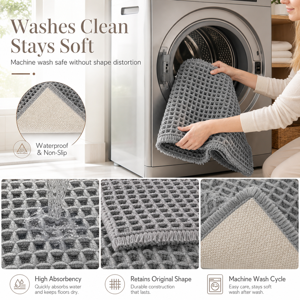 📢📢40% OFF !! ⏰Non Slip Water Absorbent Waffle Weave Bathroom Mat Solid Color Entrance Doormat